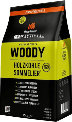 Woody Holzkohle Sommelier 10kg + Tomahawksteak Flaschenöffner und KFZ-Duftbaum